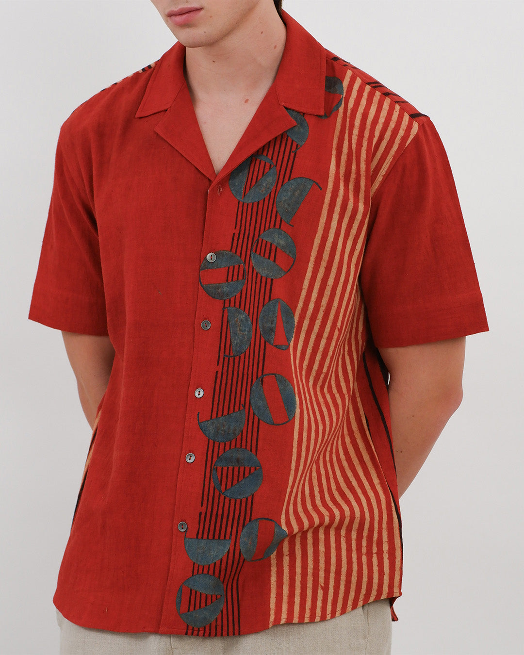 Red Cuban Collar Ajrakh Short Sleeve Shirt