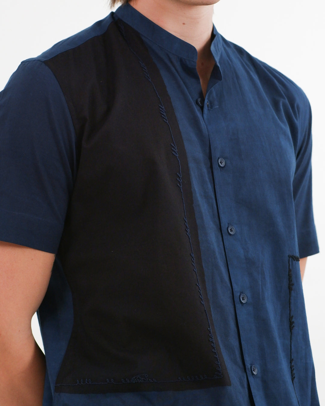 Indigo Colour Block Ajrakh Short Sleeve Shirt
