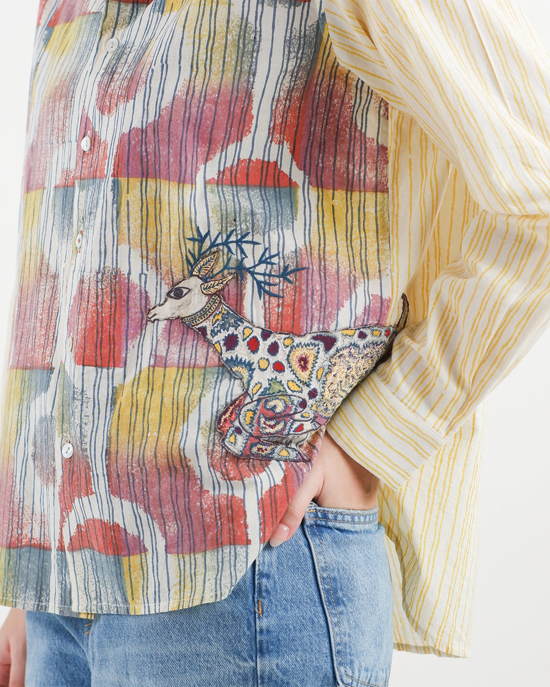 Multi-block Print Deer Embroidered Shirt