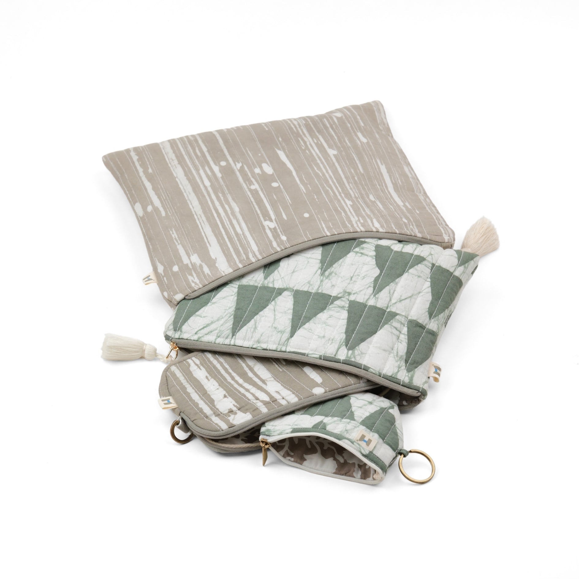 Set of 4 - Geometric Stripes Grey & Green Flat Pouch