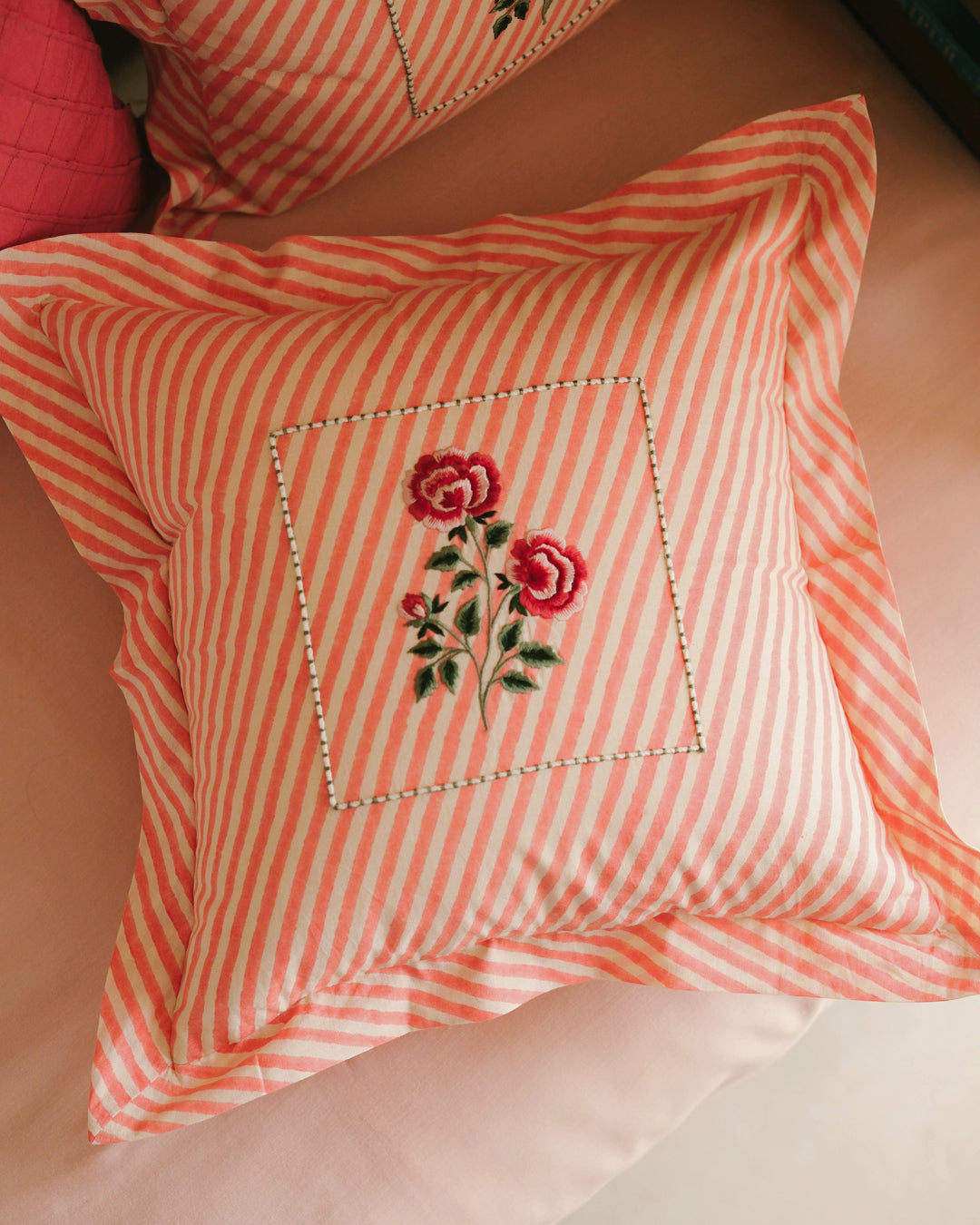 Peach Gulab Botanical Stripes - Cushion Cover