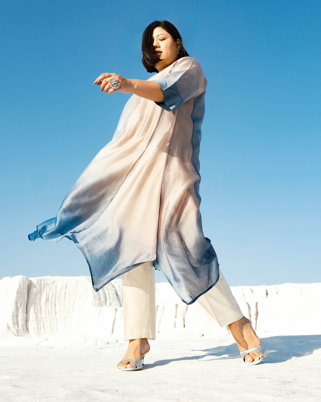 Plus Size Grey & Blue Silk Chanderi A-line Fit Kurta