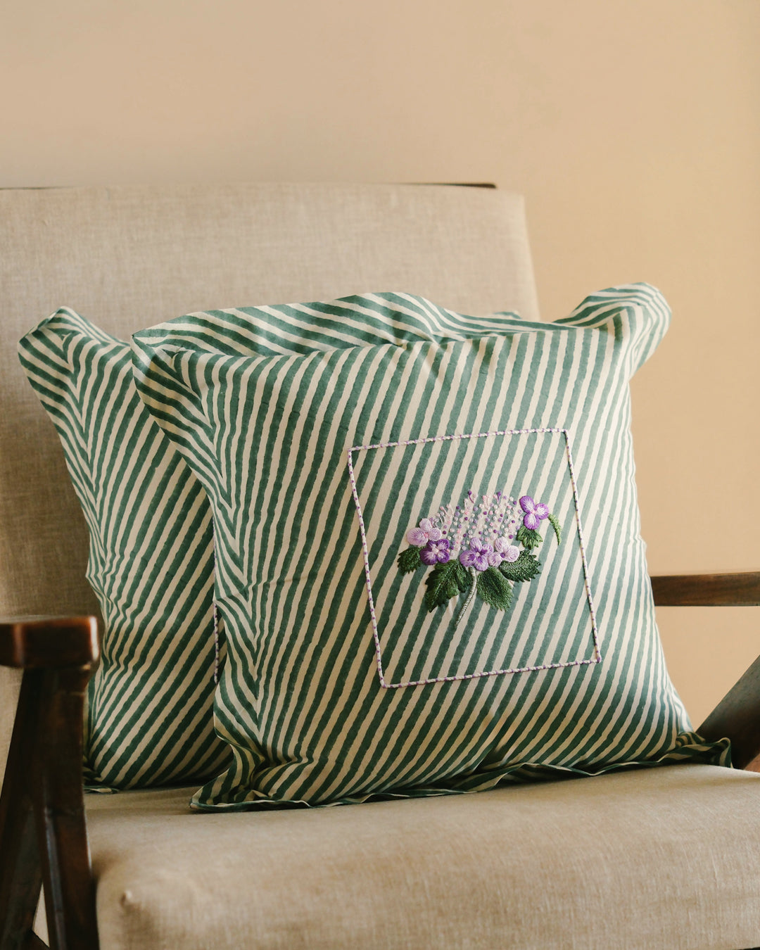 Green Hydrangea Botanical Stripes - Cushion Cover