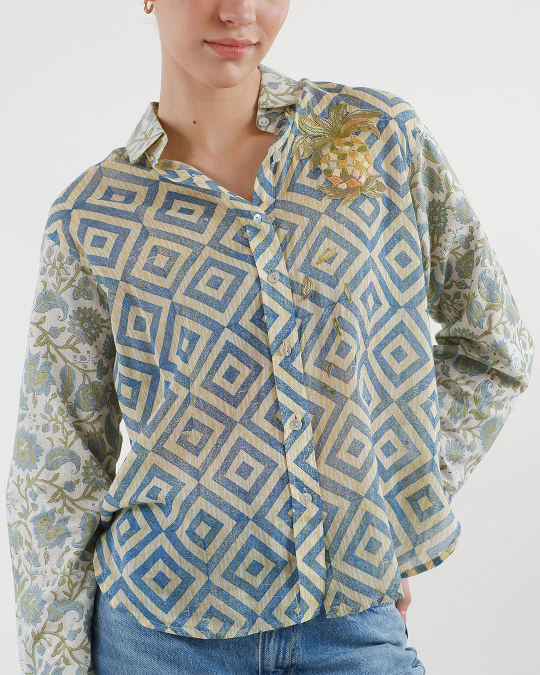Block Printed Pineapple Emroidered Shirt