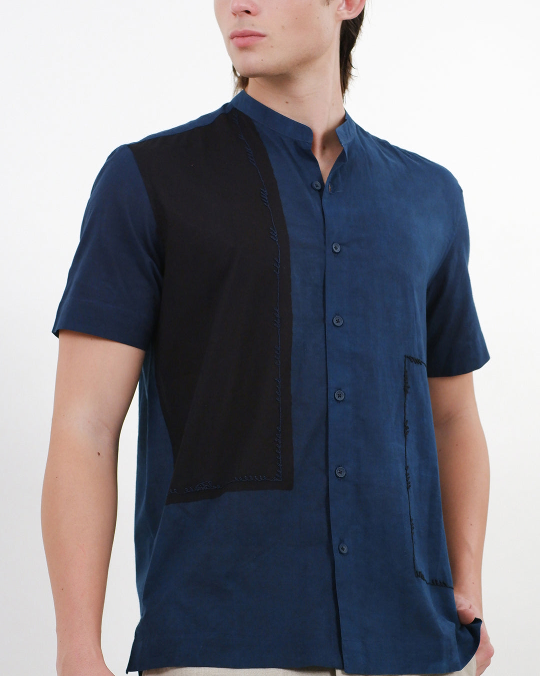 Indigo Colour Block Ajrakh Short Sleeve Shirt