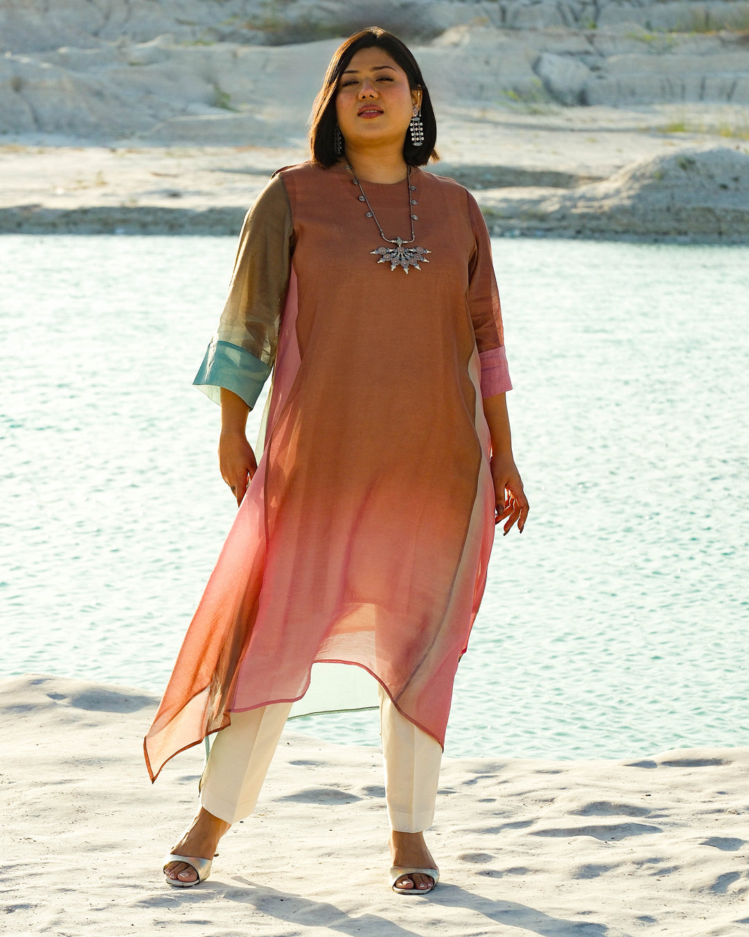 Plus Size Blue & Pink Silk Chanderi A-line Fit Kurta