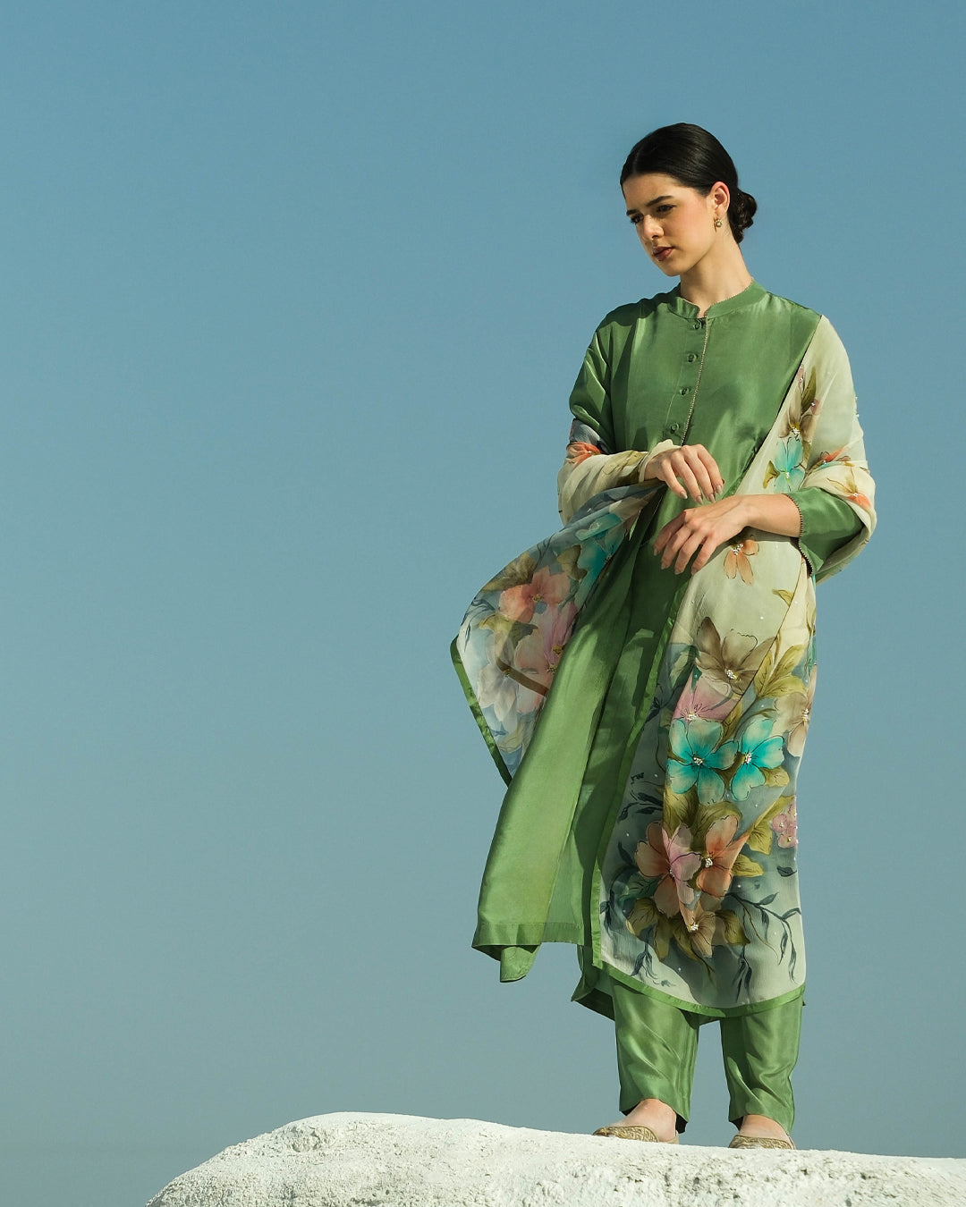 Sap Green Bead Gulpari Handpainted Kurta Set