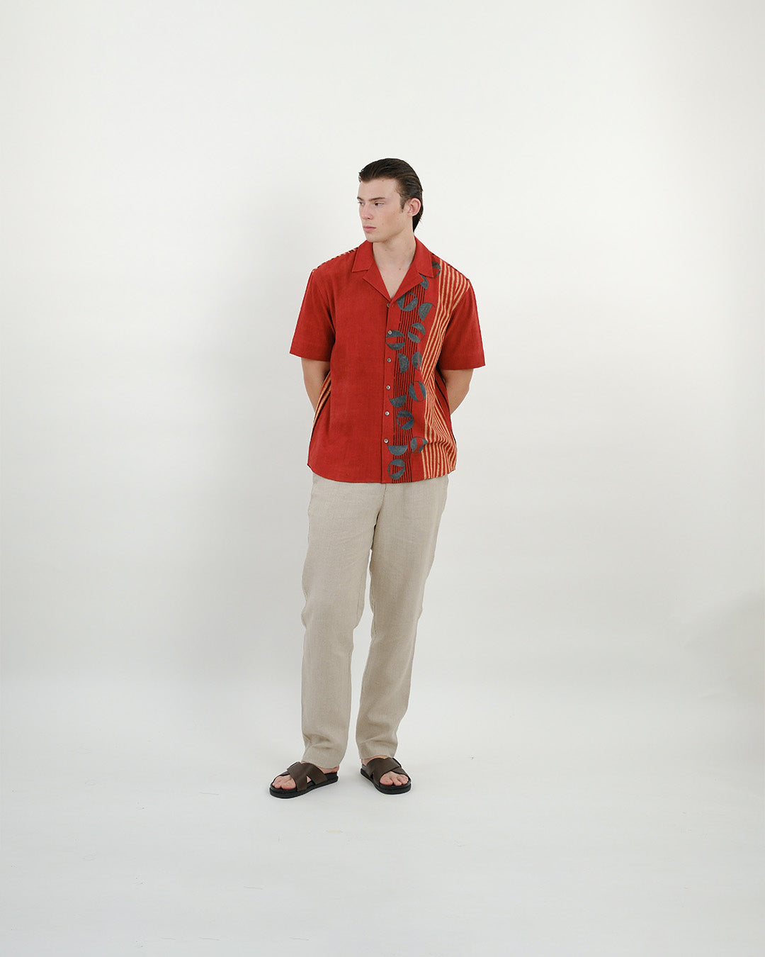 Red Cuban Collar Ajrakh Short Sleeve Shirt