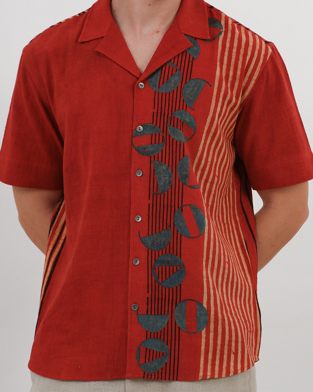 Red Cuban Collar Ajrakh Short Sleeve Shirt
