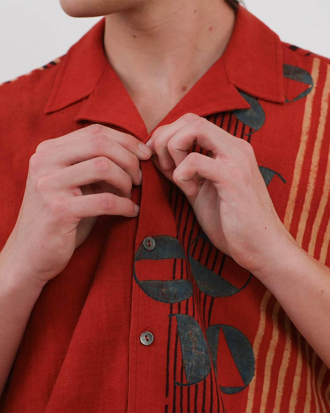 Red Cuban Collar Ajrakh Short Sleeve Shirt