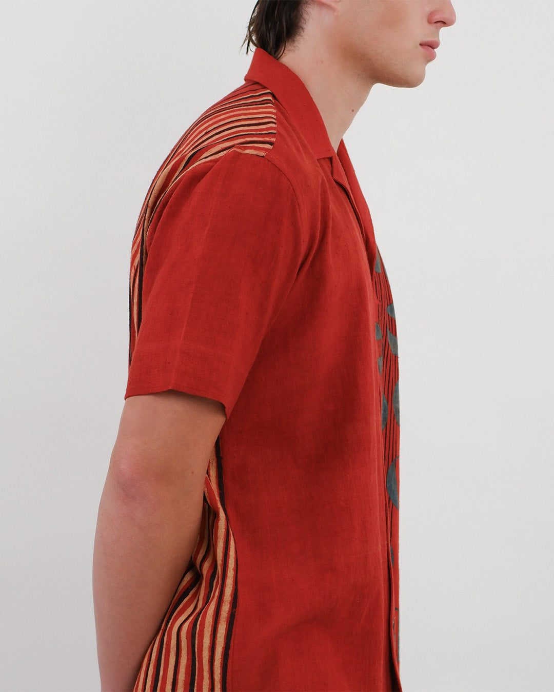 Red Cuban Collar Ajrakh Short Sleeve Shirt