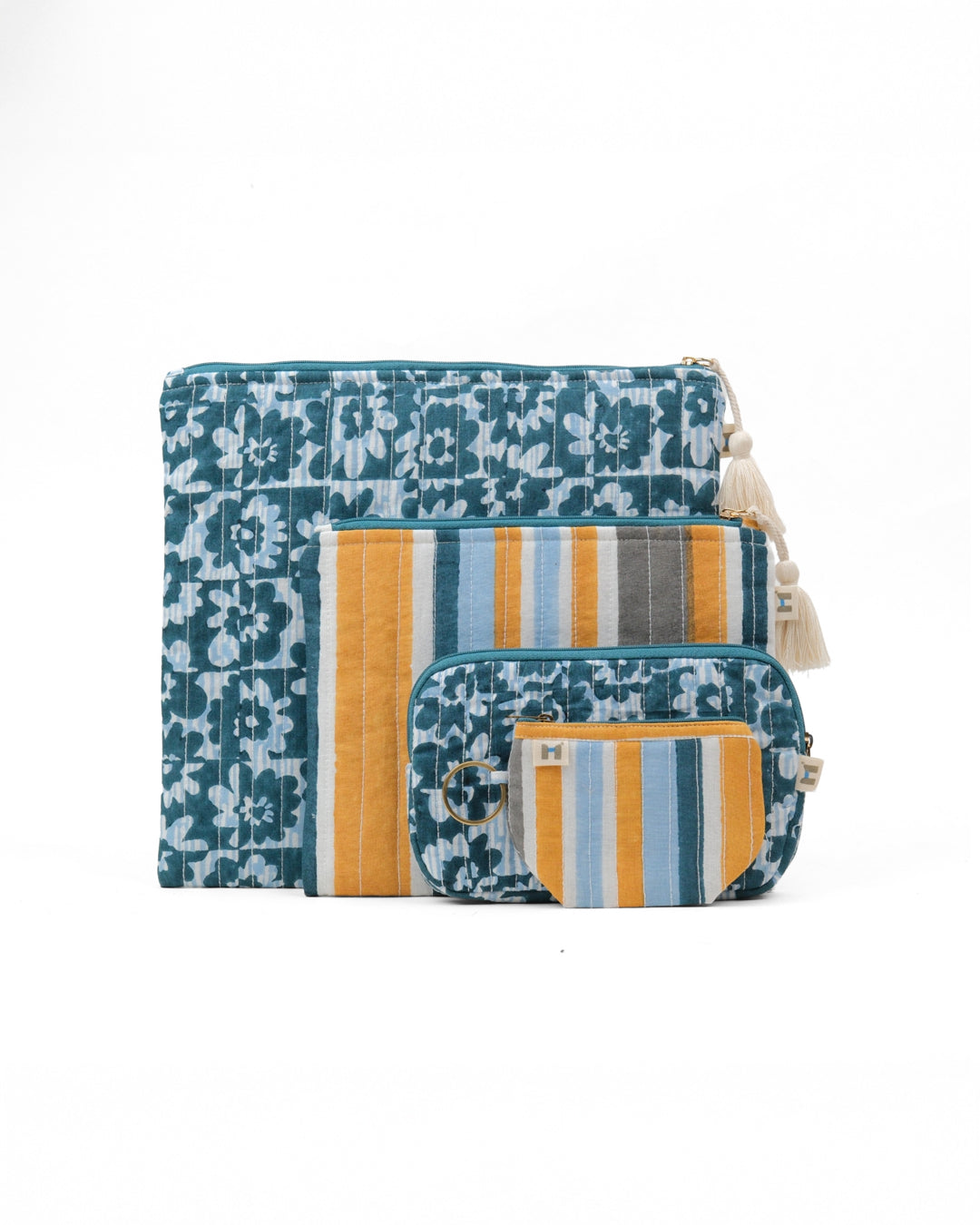 Set of 4 - Floret Blue & Yellow Flat Pouch