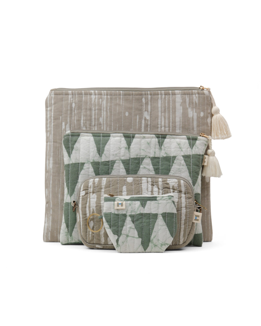 Set of 4 - Geometric Stripes Grey & Green Flat Pouch