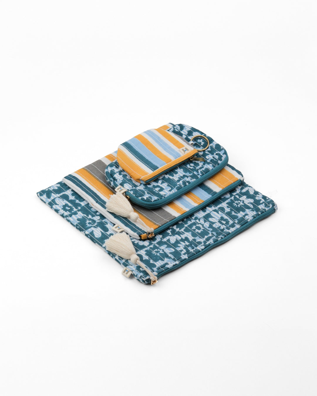 Set of 4 - Floret Blue & Yellow Flat Pouch