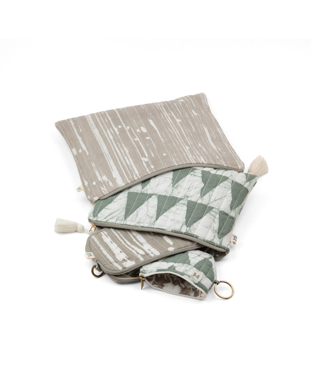Set of 4 - Geometric Stripes Grey & Green Flat Pouch