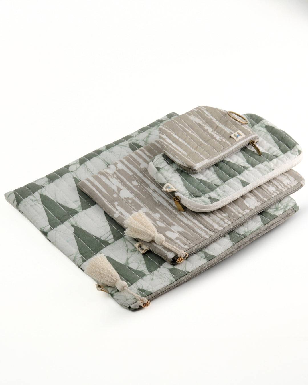 Set of 4 - Geometric Prism Green & Grey Flat Pouch