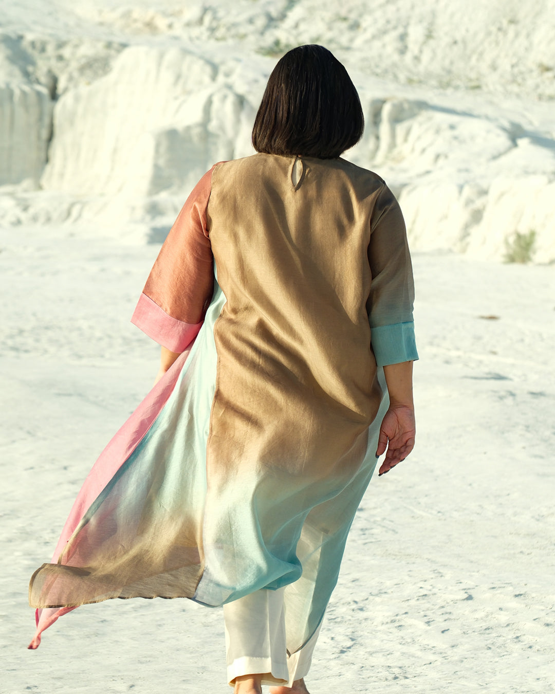 Plus Size Blue & Pink Silk Chanderi A-line Fit Kurta
