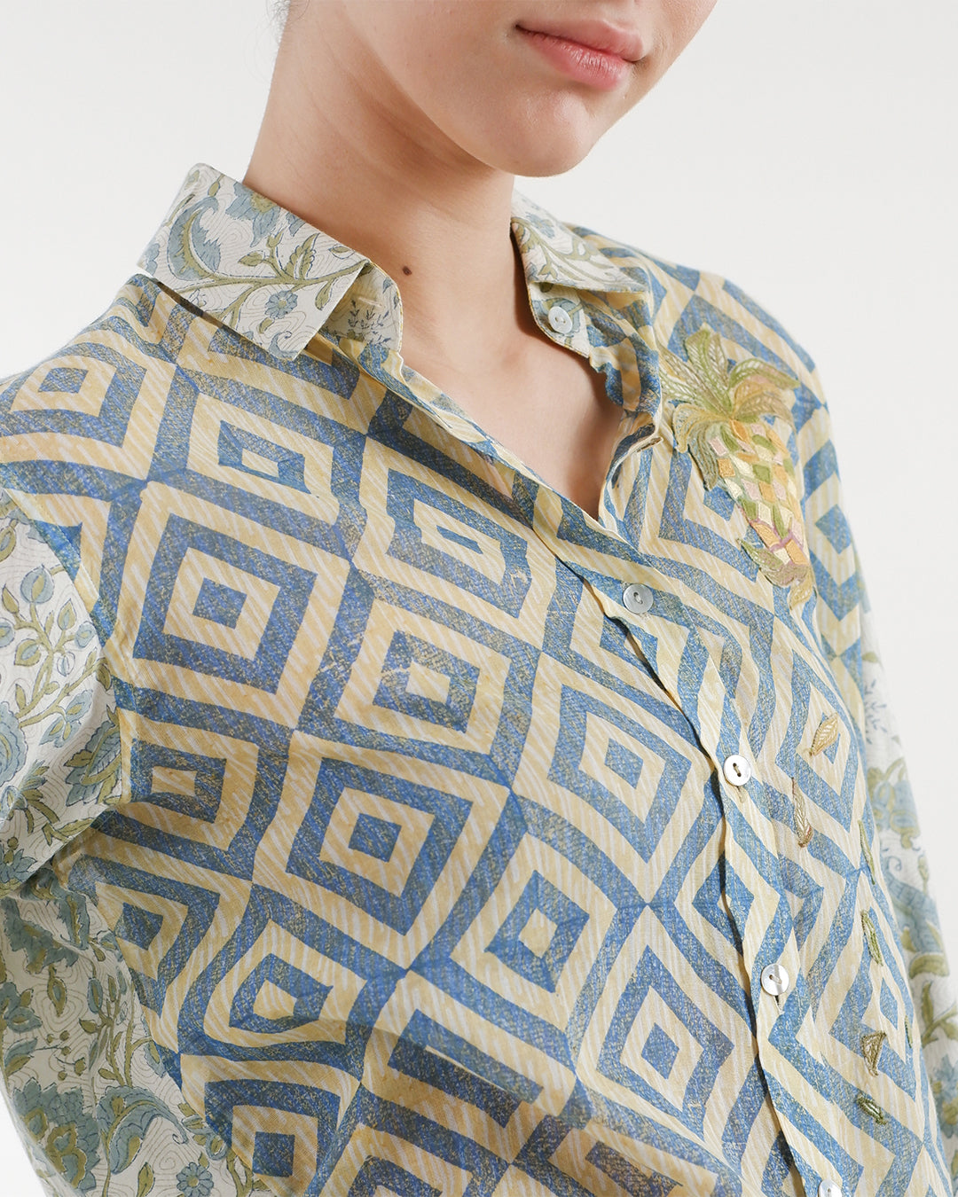 Block Printed Pineapple Emroidered Shirt