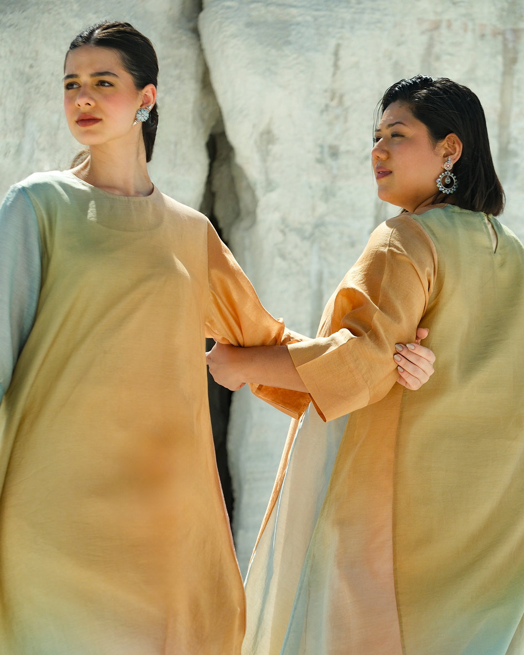 Yellow & Light Blue Silk Chander A-Line Fit Kurta