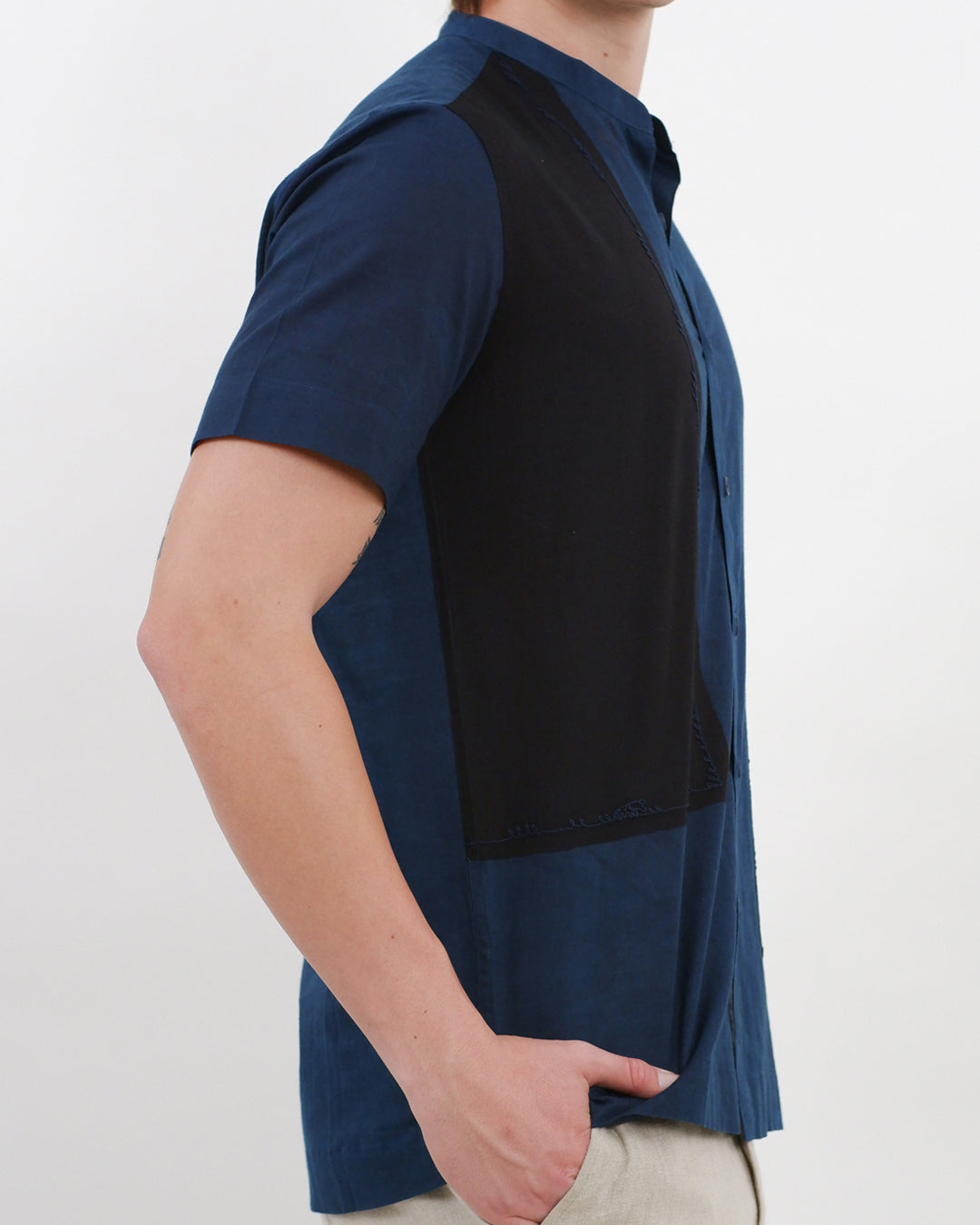 Indigo Colour Block Ajrakh Short Sleeve Shirt