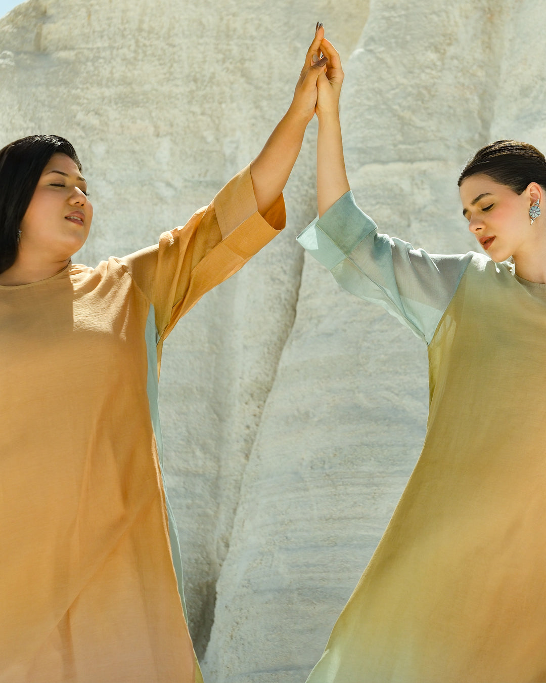 Yellow & Light Blue Silk Chander A-Line Fit Kurta
