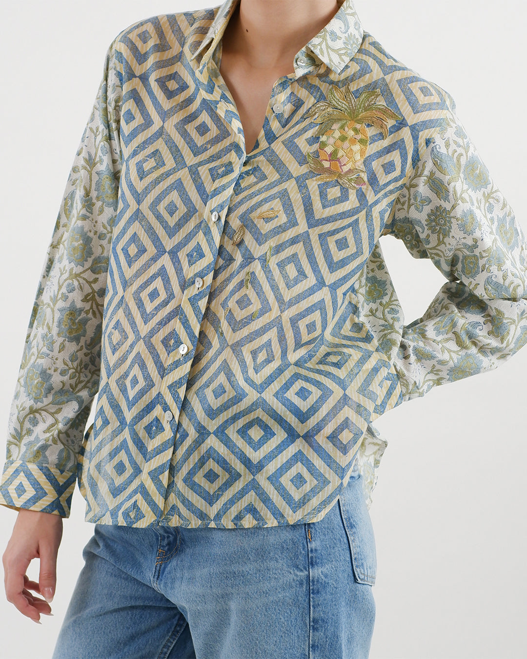 Block Printed Pineapple Emroidered Shirt