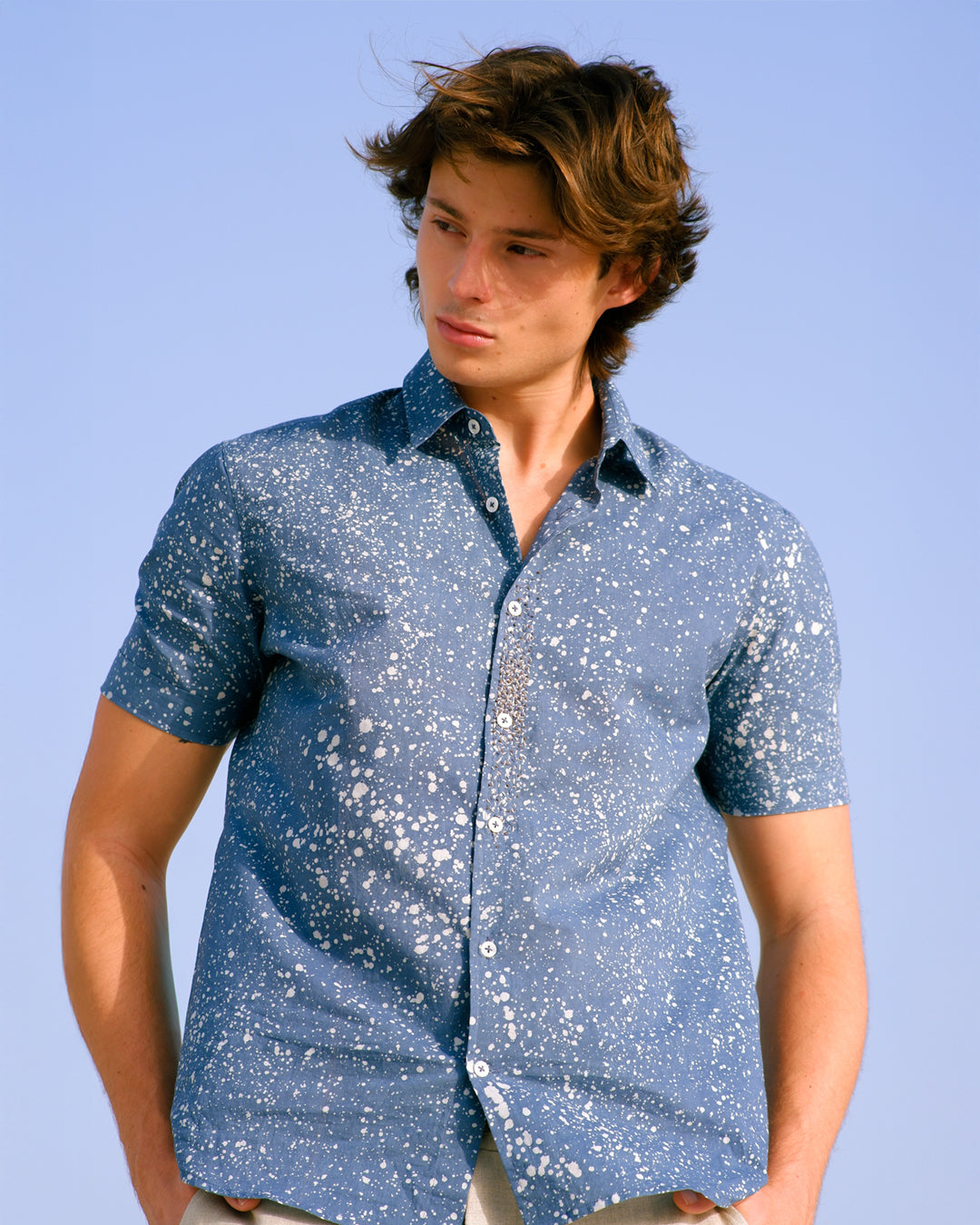Cool Blue Stipples Batik Short Sleeve Shirt