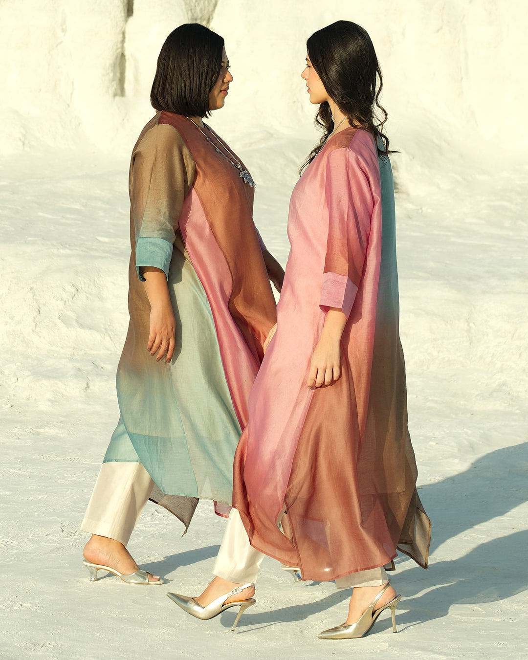 Blue & Pink Silk Chanderi A-line Fit Kurta