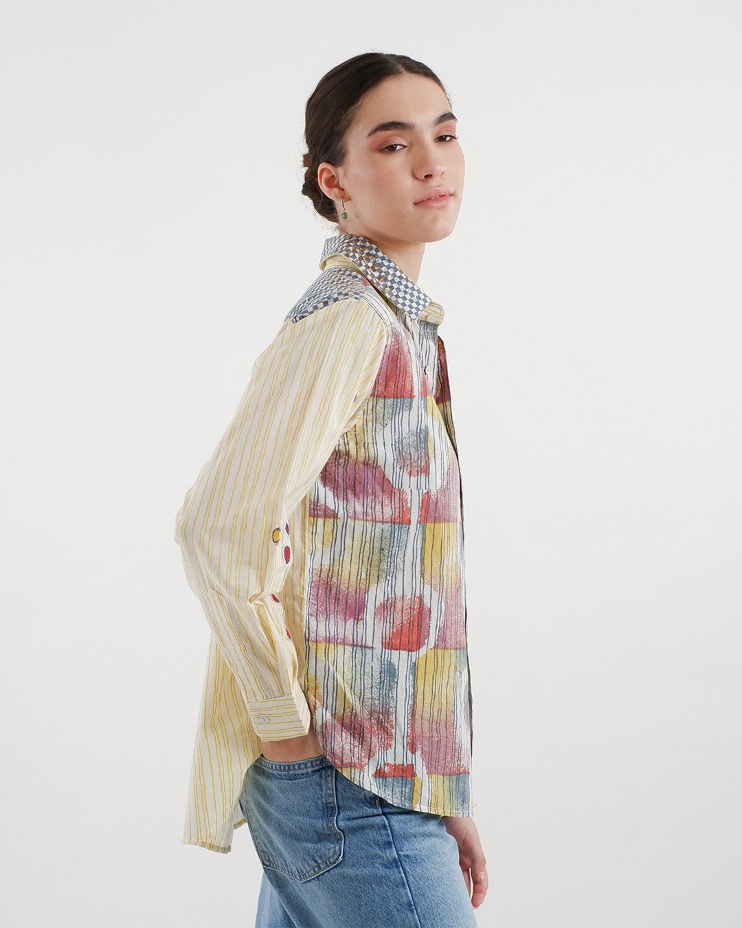 Multi-block Print Deer Embroidered Shirt