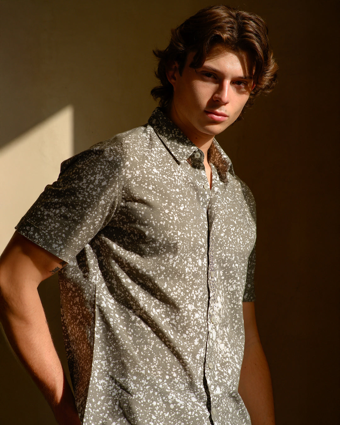 Cool Grey Stipples Batik Short Sleeve Shirt