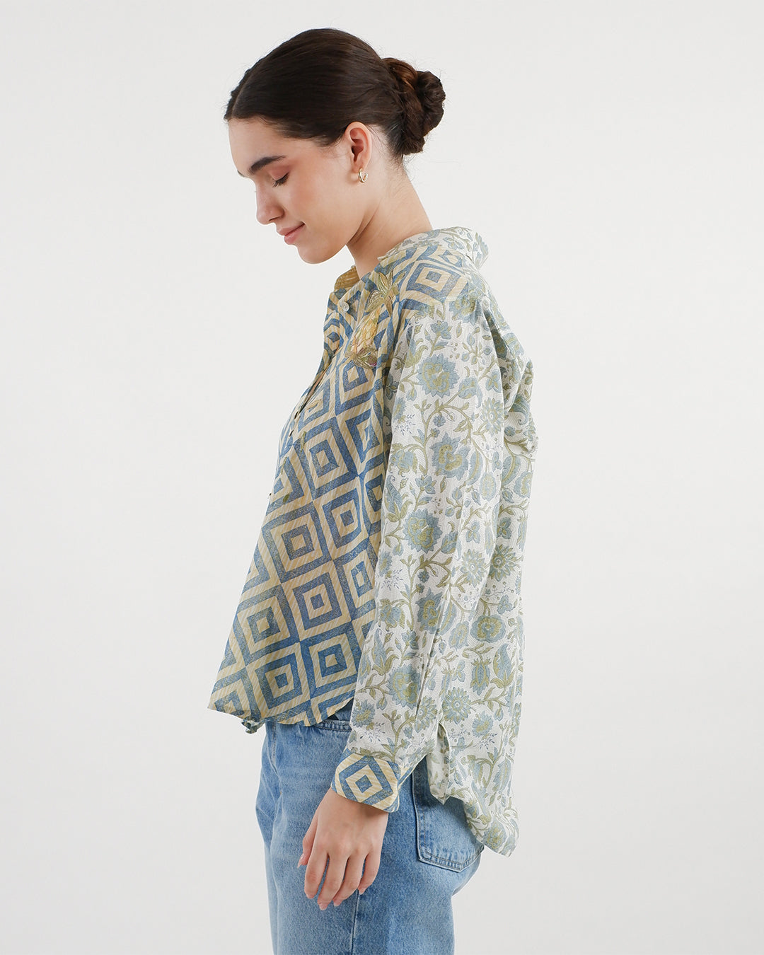 Block Printed Pineapple Emroidered Shirt