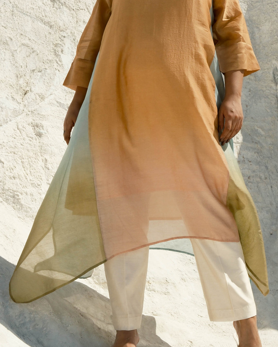 Plus Size Yellow & Light Blue Silk Chander A-Line Fit Kurta