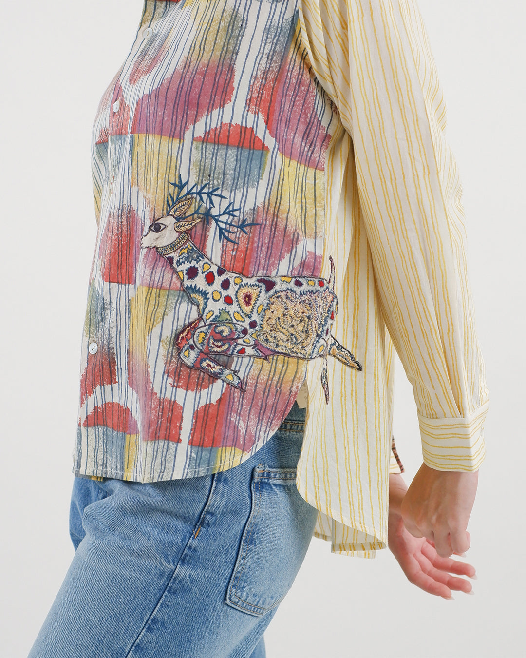 Multi-block Print Deer Embroidered Shirt