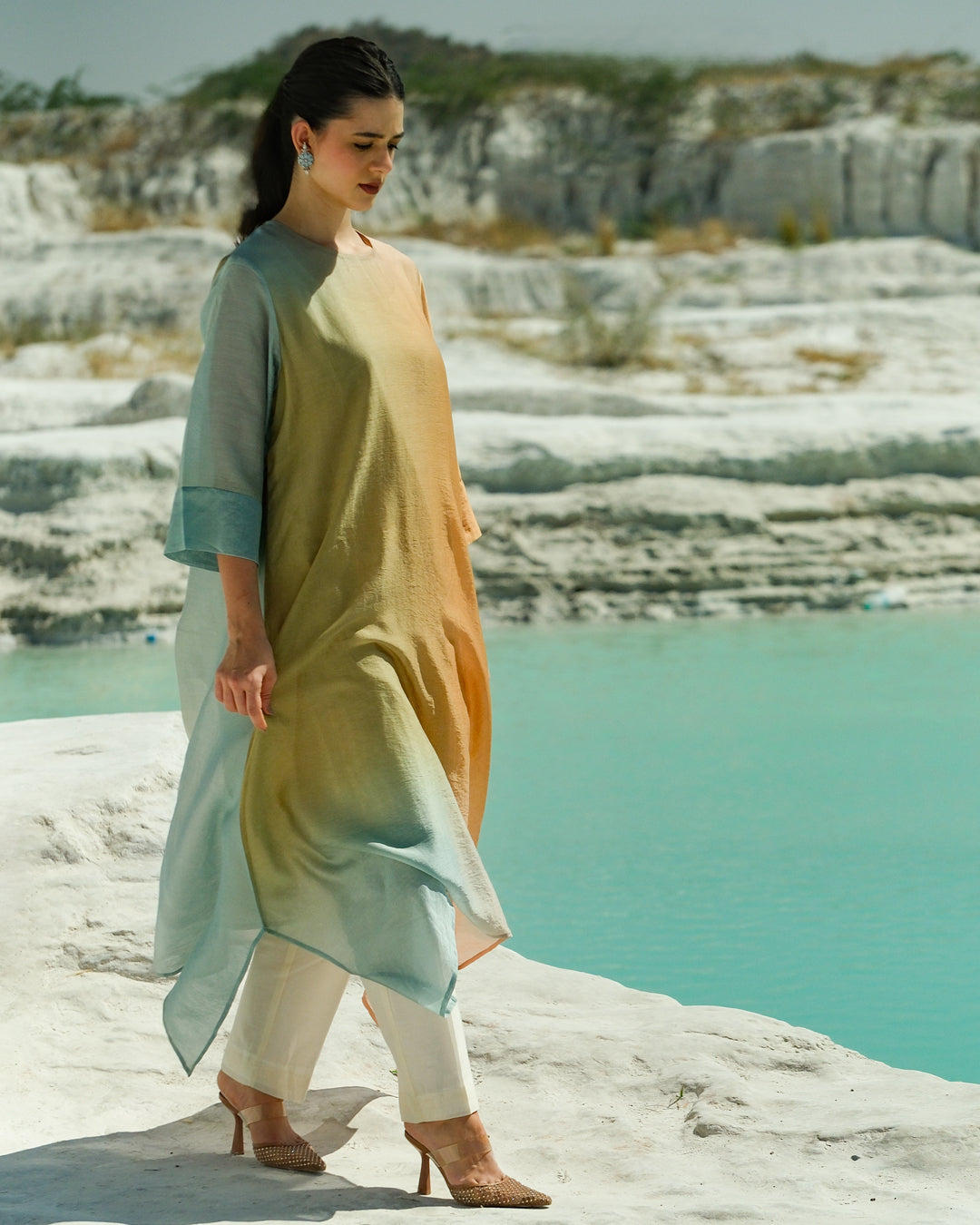 Yellow & Light Blue Silk Chander A-Line Fit Kurta