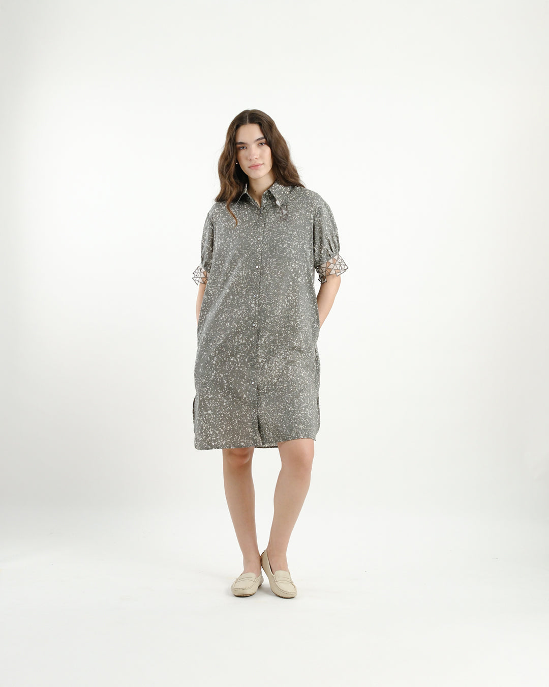 Cool Grey Stipples Batik Shirt Dress