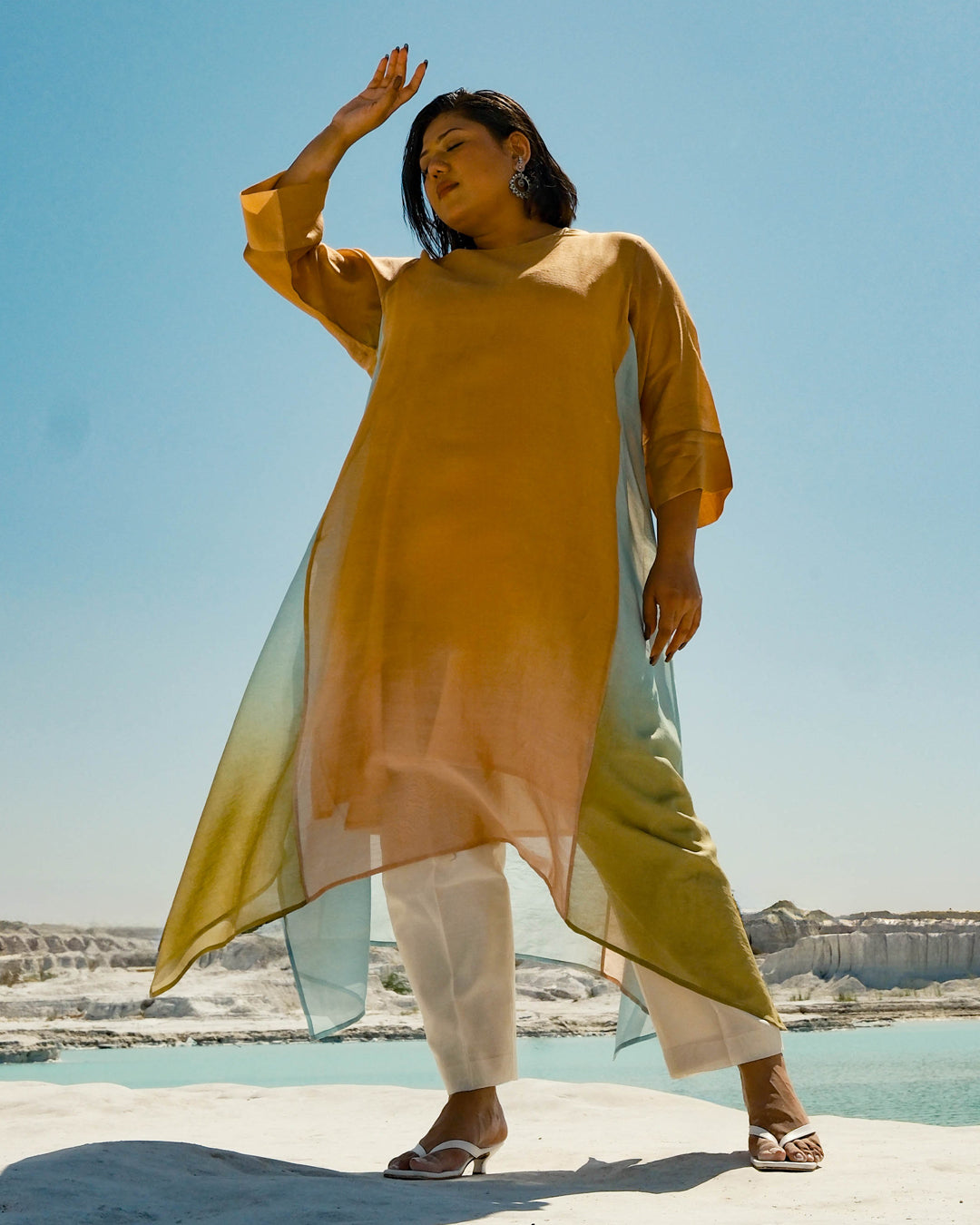 Plus Size Yellow & Light Blue Silk Chander A-Line Fit Kurta