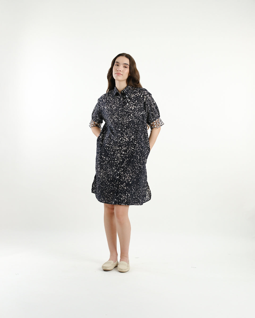 Black Stipples Batik Shirt Dress
