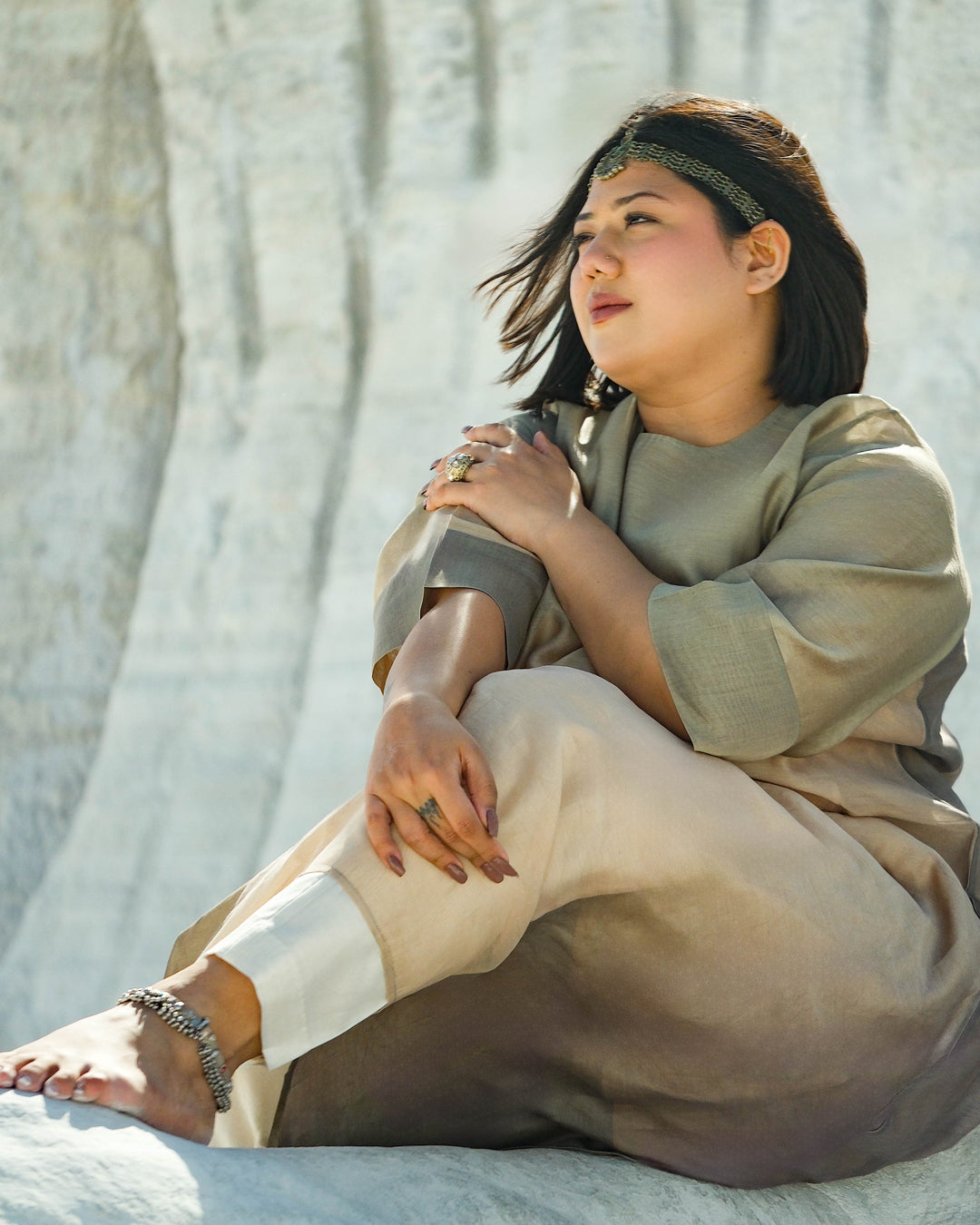 Plus Size Grey & Beige Silk Chanderi A-line Fit Kurta