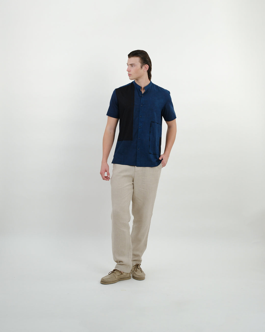 Indigo Colour Block Ajrakh Short Sleeve Shirt