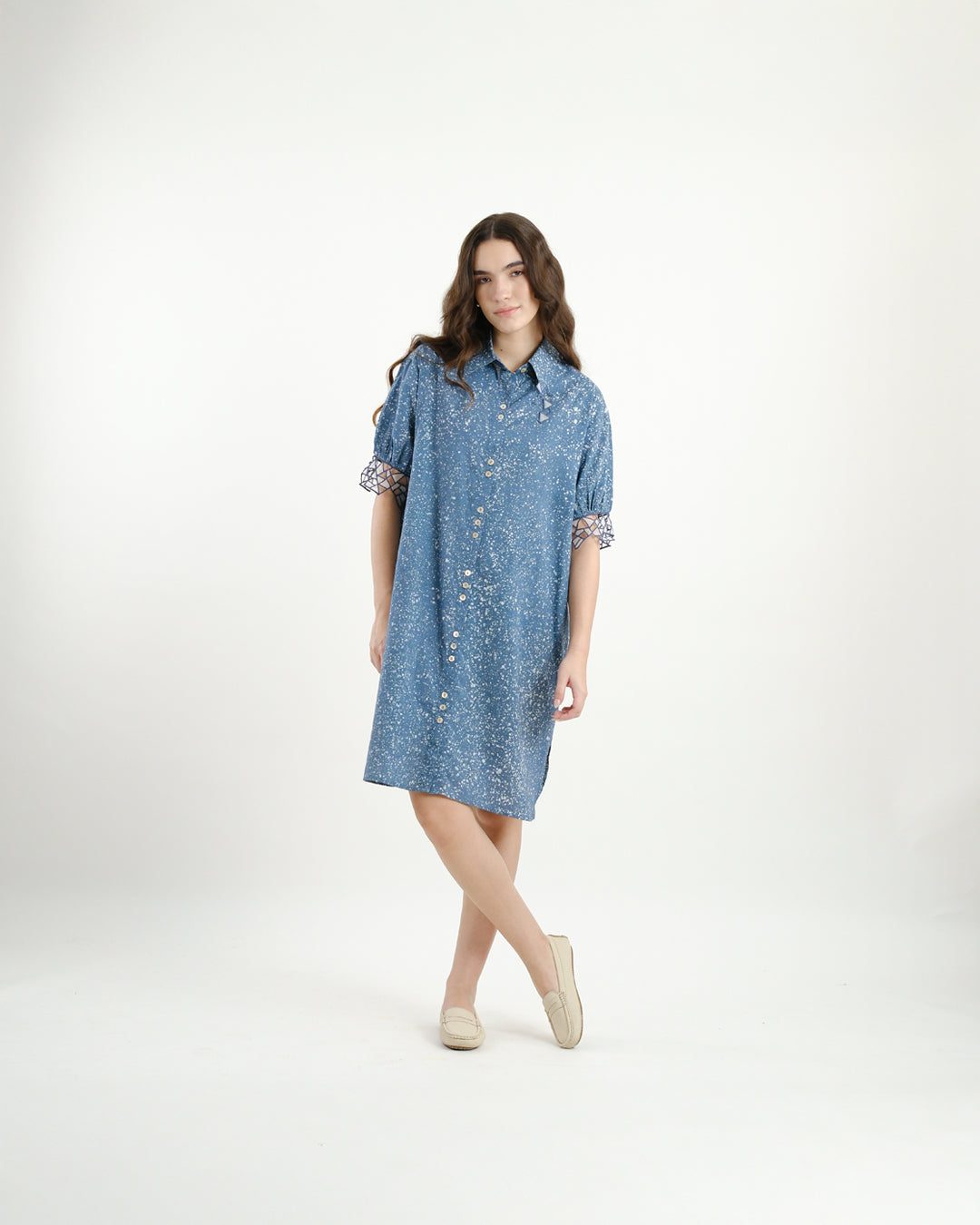 Cool Blue Stipples Batik Shirt Dress