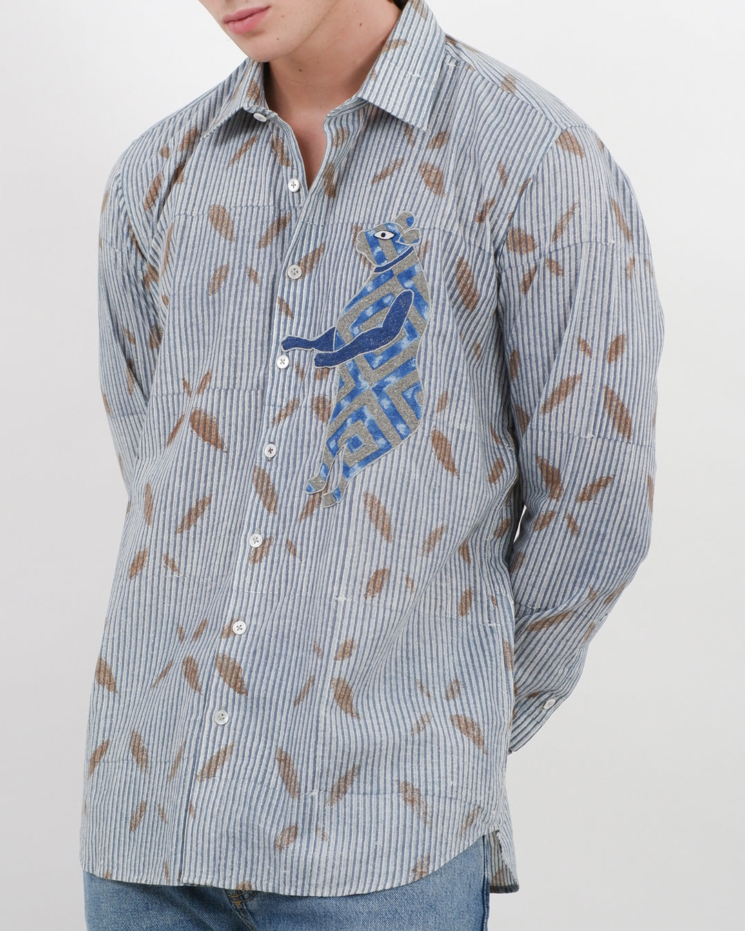 Block Print Embroidered Bear Long Sleeve Shirt