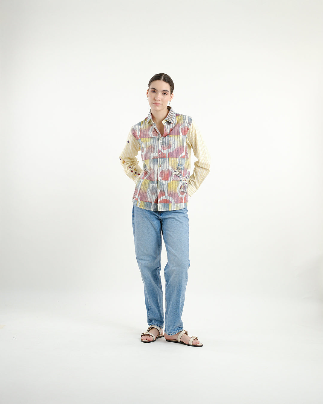 Multi-block Print Deer Embroidered Shirt