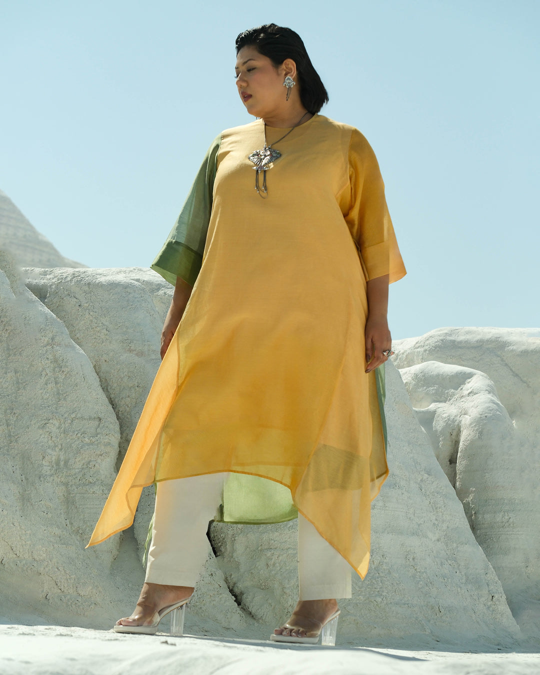 Plus Size Green & Yellow Silk Chanderi A-line Fit Kurta