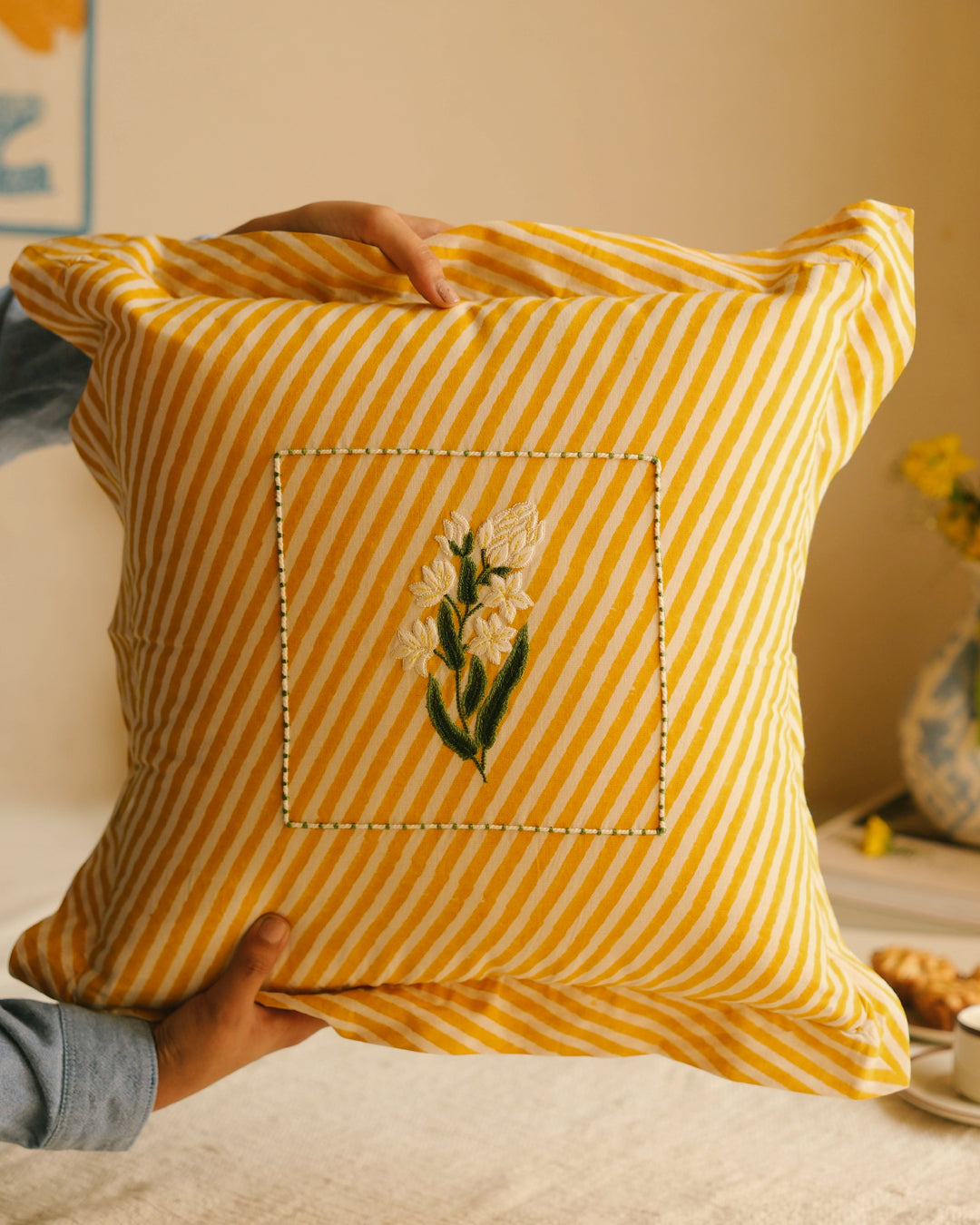 Yellow Rajnigandha Botanical Stripes - Cushion Cover