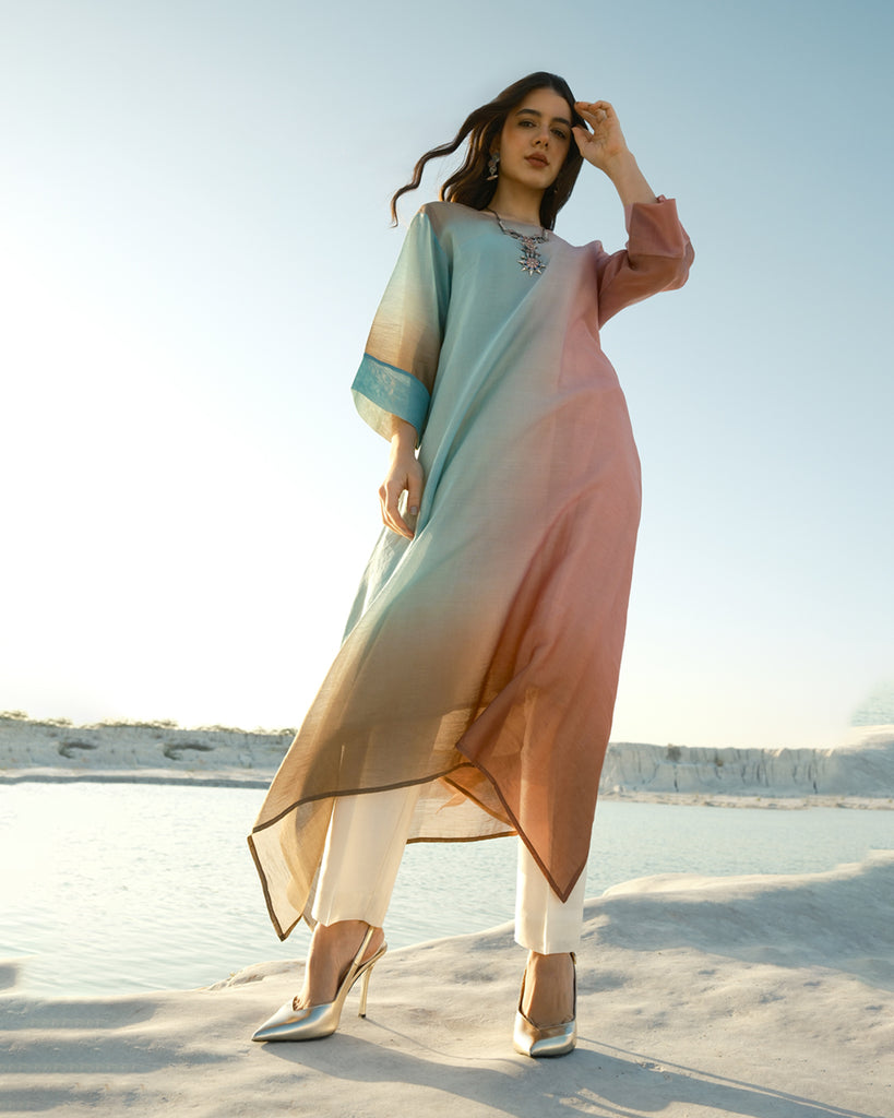 Blue & Pink Silk Chanderi A-line Fit Kurta