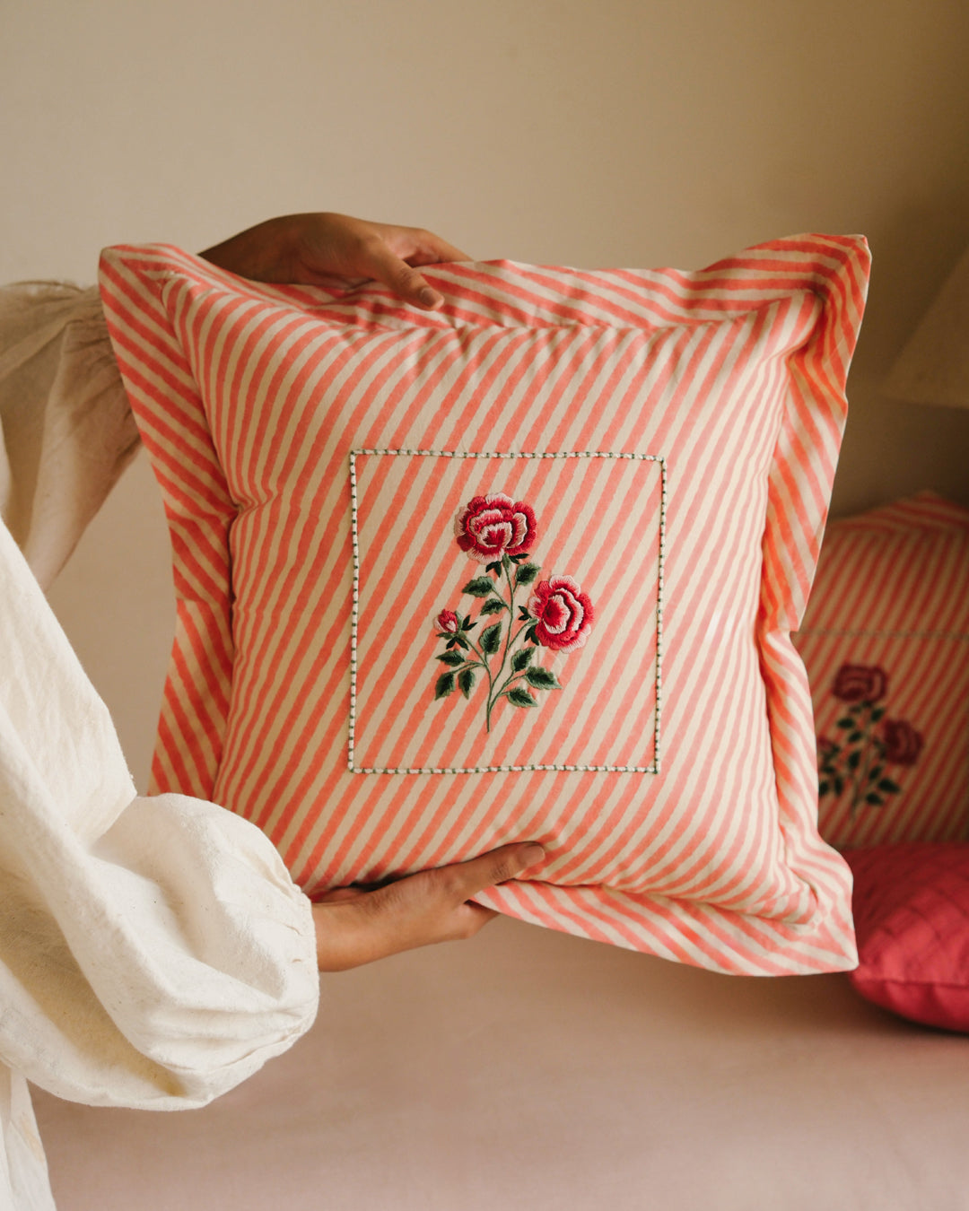 Peach Gulab Botanical Stripes - Cushion Cover