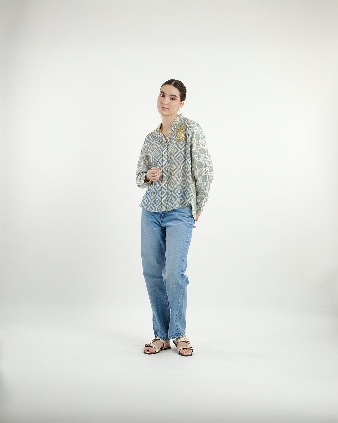 Block Printed Pineapple Emroidered Shirt