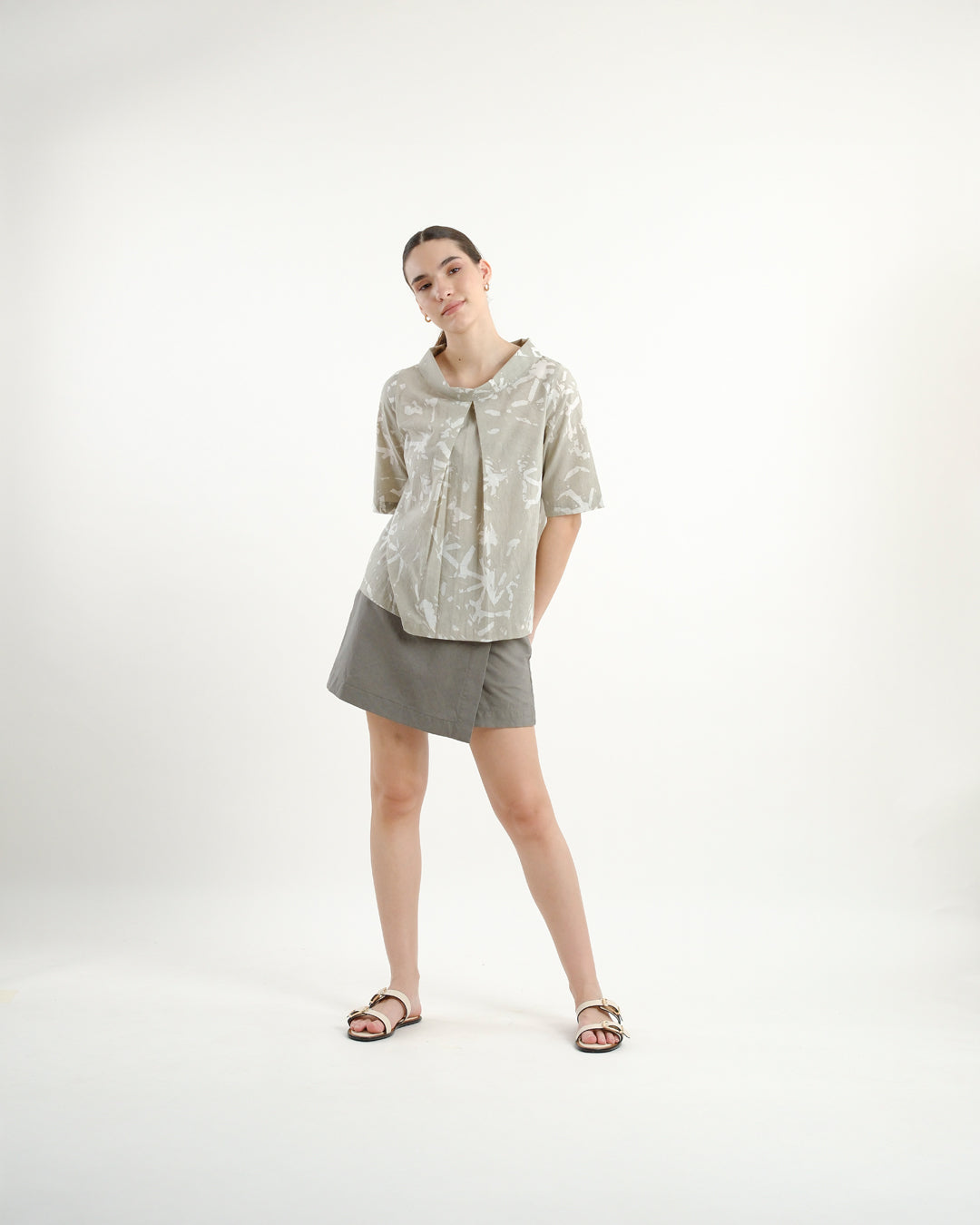 Broken Angles Beige Batik Turtleneck Top