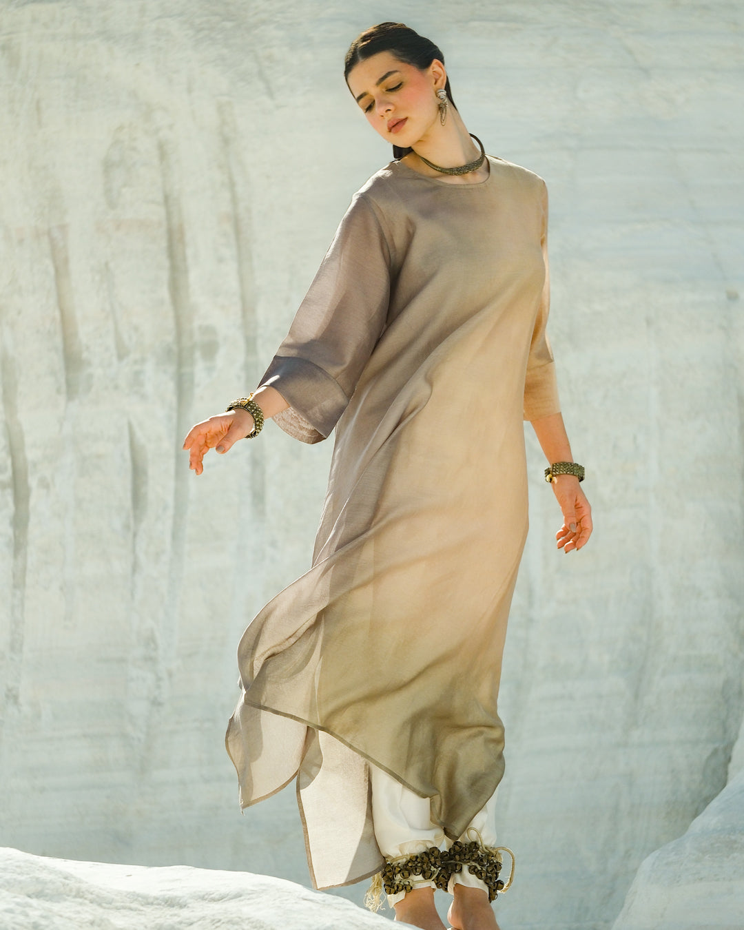 Grey & Beige Silk Chanderi A-line Fit Kurta