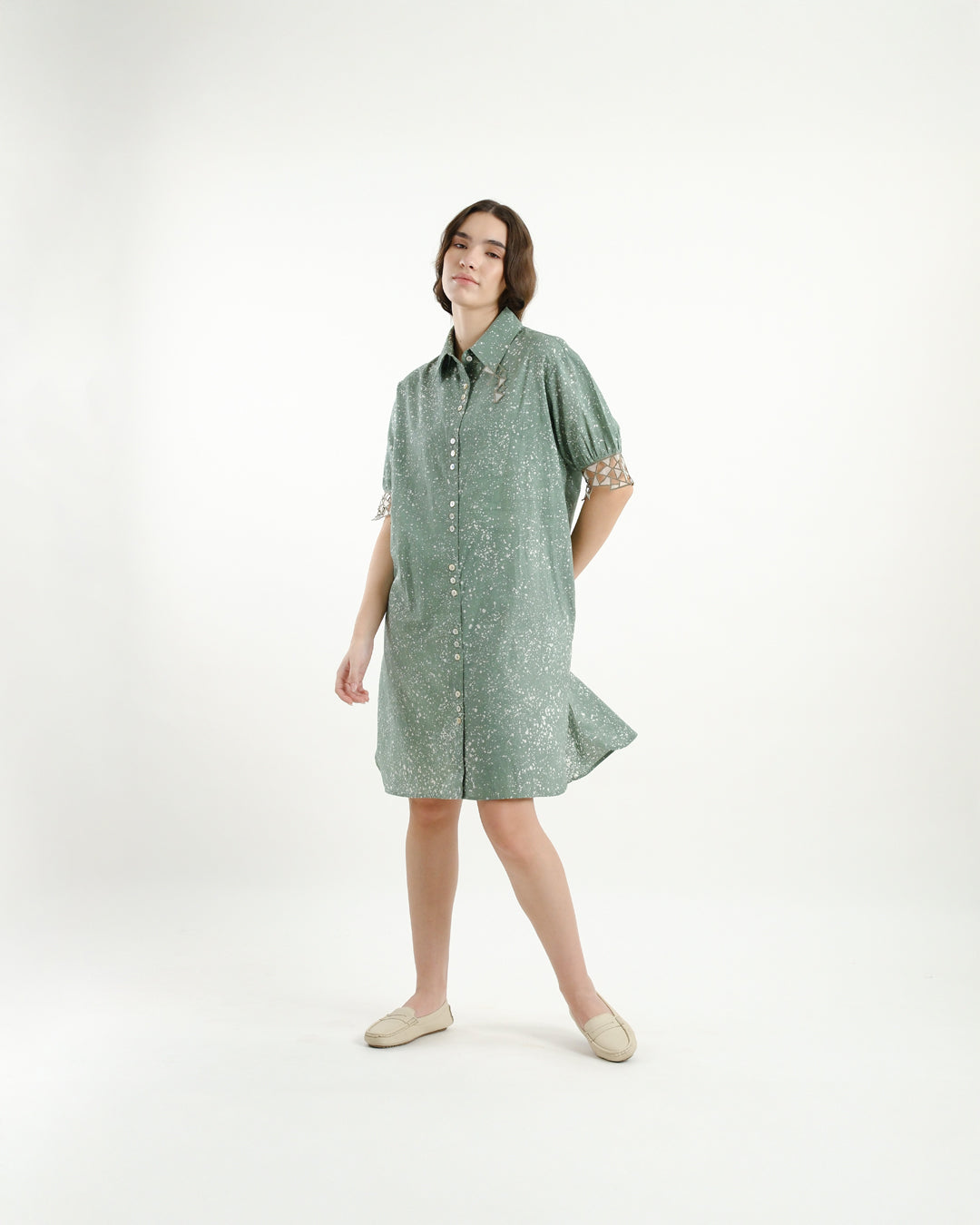 Cool Green Stipples Batik Shirt Dress